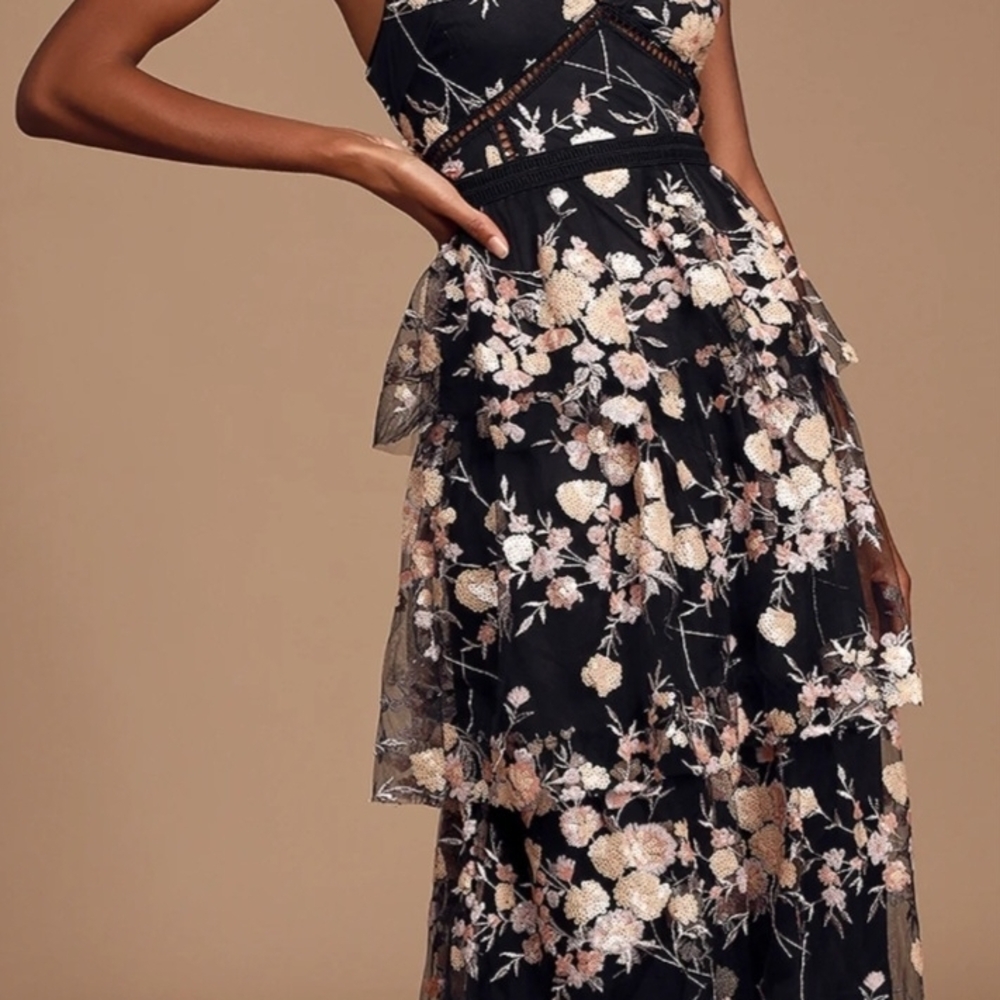 Lulu's Elegant Black and Floral Sequin Tiered Midi Dress